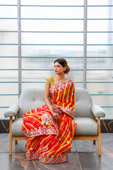 Red Yellow Organza Leheriya Saree Chowdhrain Saree 14500.00 Chowdhrain