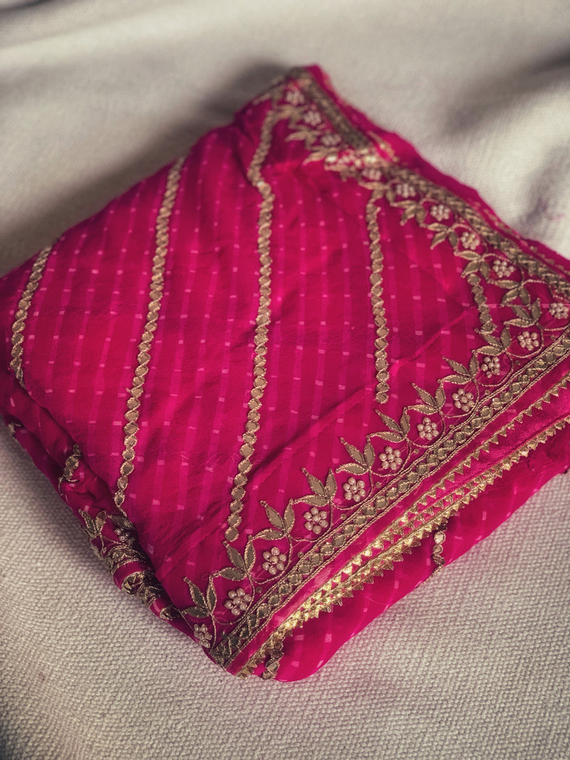 Leheriya Tussar Silk Aari & Pearl Embroidery Saree – Khinkhwab