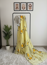 Yellow on yellow Handpainted Chanderi Saree