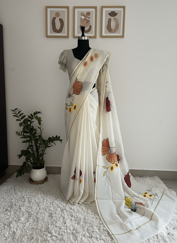 white hummingbird  Handpainted Chanderi Saree