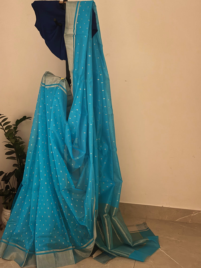 Teal Blue Silver zari Chanderi Sari