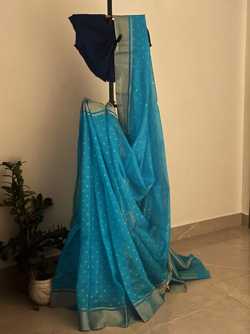 Teal Blue Silver zari Chanderi Sari