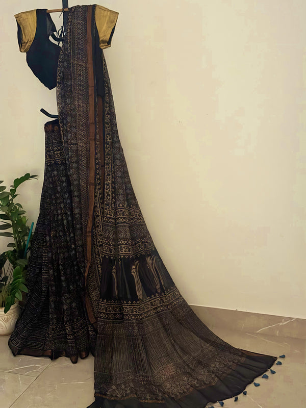 Black Ajrakh Kota Doria Saree