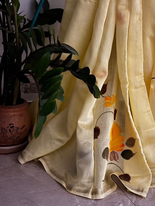 Yellow on yellow Handpainted Chanderi Saree