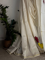 white hummingbird  Handpainted Chanderi Saree