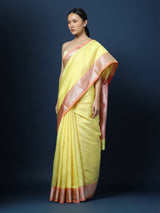 Yellow Pink Stripes Pure Silk Chanderi Saree