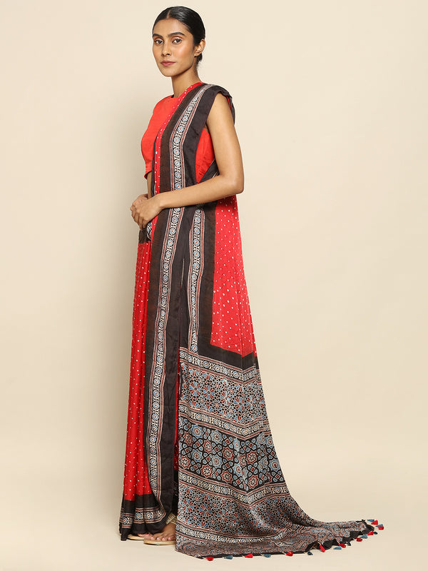 Red Black Ajrakh Bandhini Saree Chowdhrain Saree 8000.00 Chowdhrain