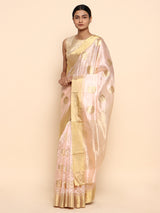 Pink handwoven chanderi silk saree by Chowdhrain