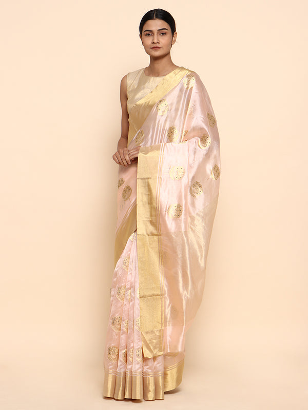 Pink handwoven chanderi silk saree by Chowdhrain