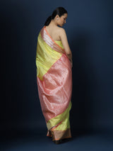 Yellow Pink Stripes Pure Silk Chanderi Saree