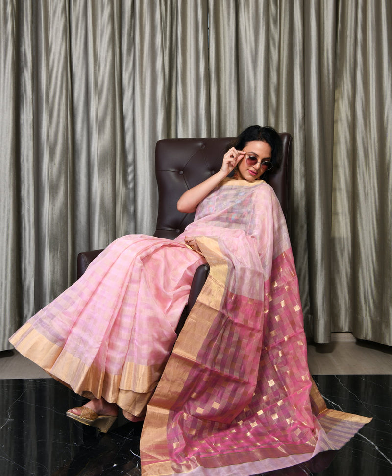 Chanderi Saree with Blouse Piece in Hot Pink Shades - Joypur Fashions