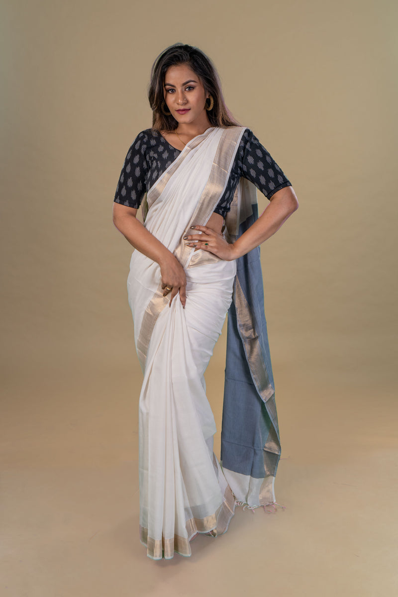 White cotton Twill Maheshwari Saree by Chowdhrain