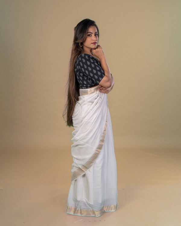 White cotton Twill Maheshwari Saree by Chowdhrain