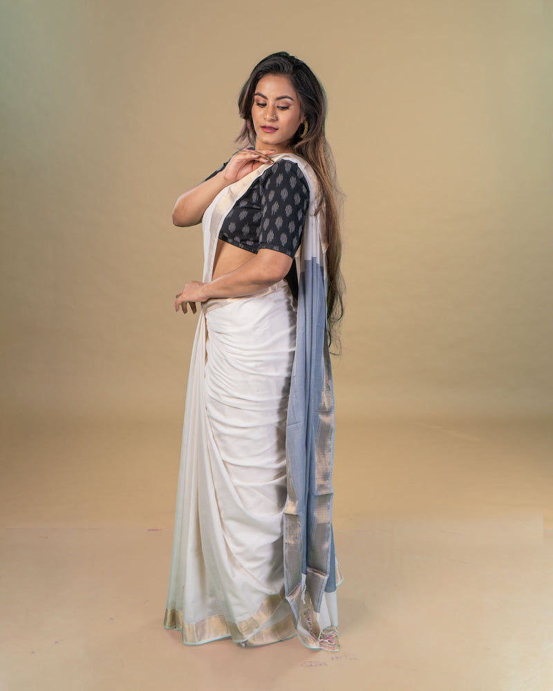 White cotton Twill Maheshwari Saree by Chowdhrain