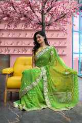 Green yellow Leheriya Saree Chowdhrain Saree 12990.00 Chowdhrain