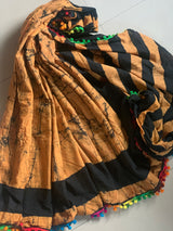 Mustard Black Stripes batik mul cotton saree