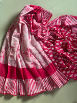 Pink white batik mul cotton saree