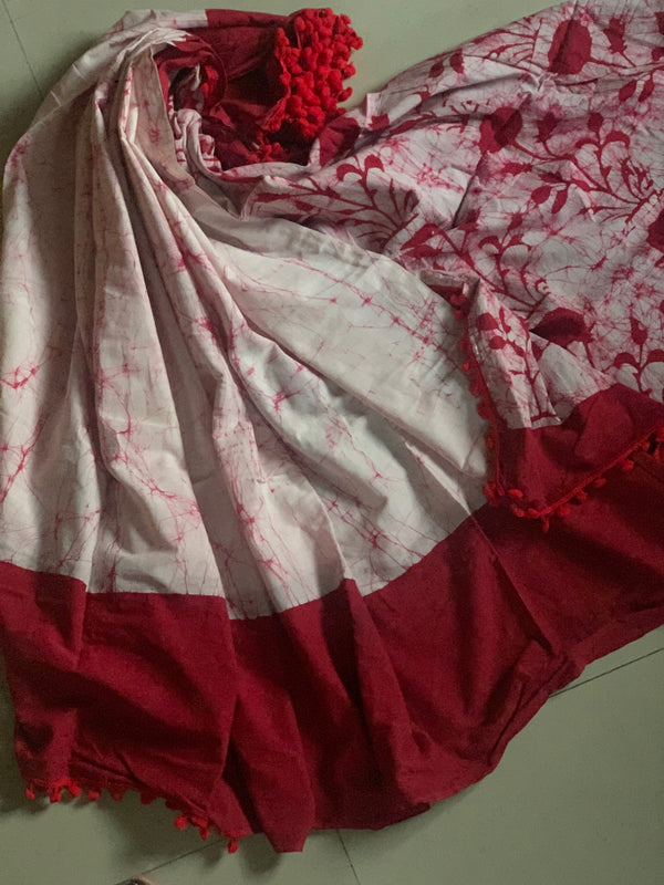 Red and white batik mul cotton saree