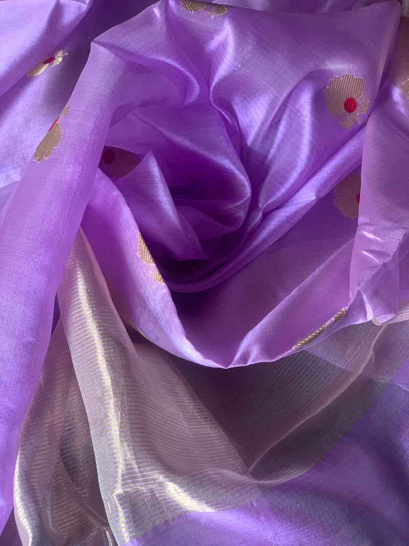 Lavender material churidar set, floral printed linen top,contrast solid  bottom & sequin embroidered dupatta