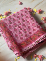 Rosy pink Kota Doria Blockprinted Saree