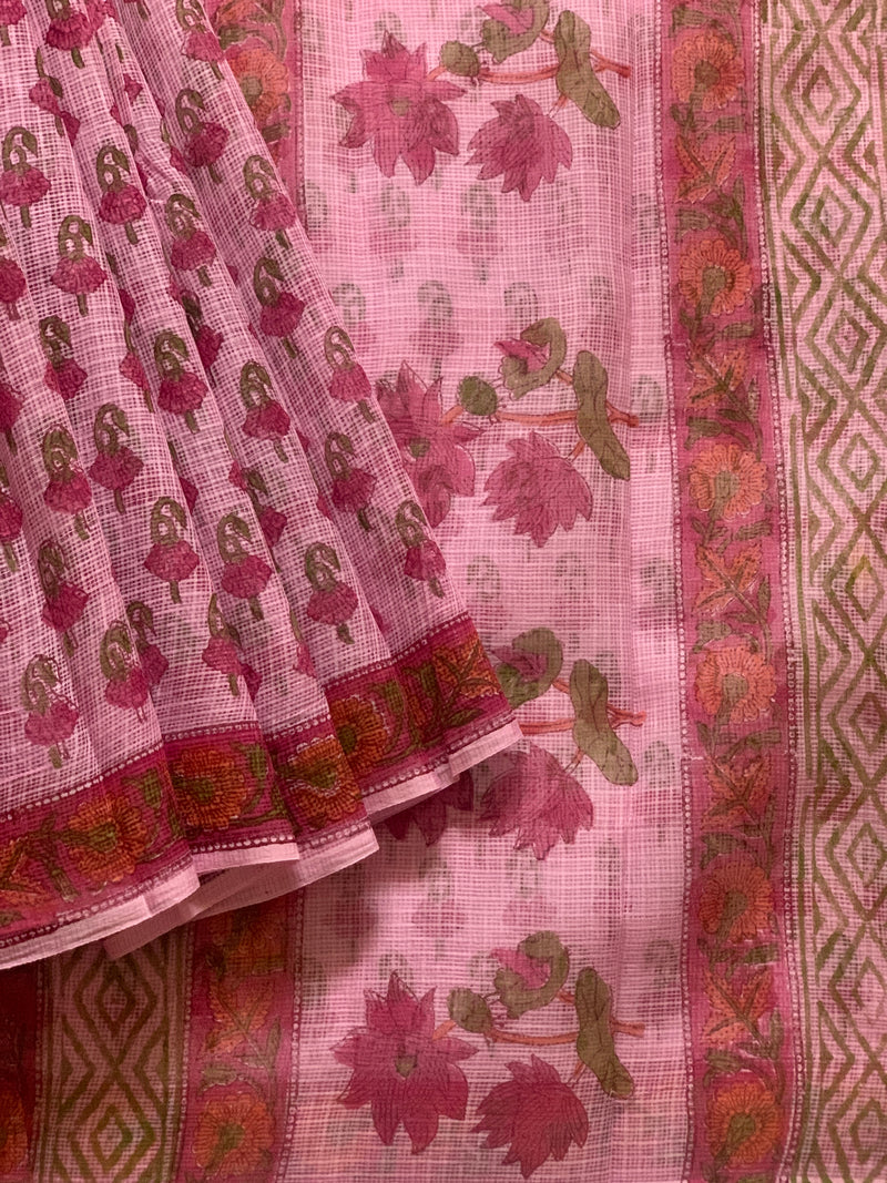 Rosy pink Kota Doria Blockprinted Saree