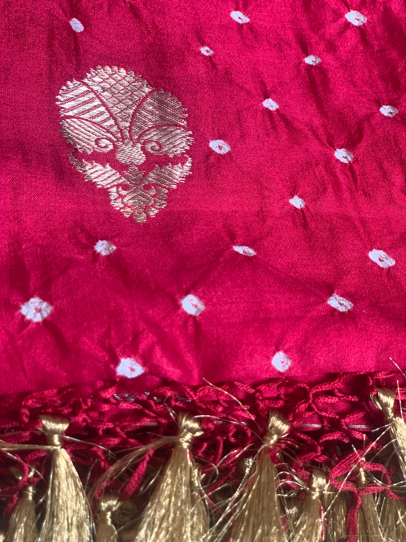 Red Floral Banarasi Bandhej Silk Dupatta