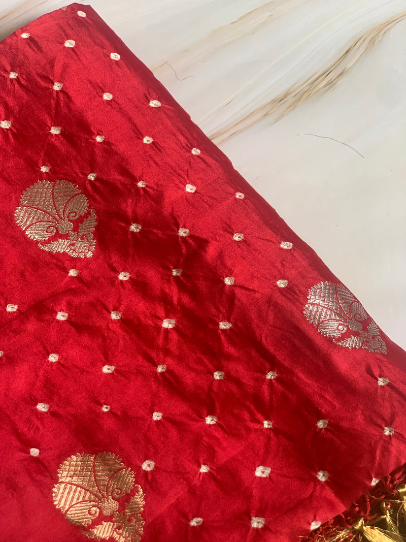 Red Floral Banarasi Bandhej Silk Dupatta