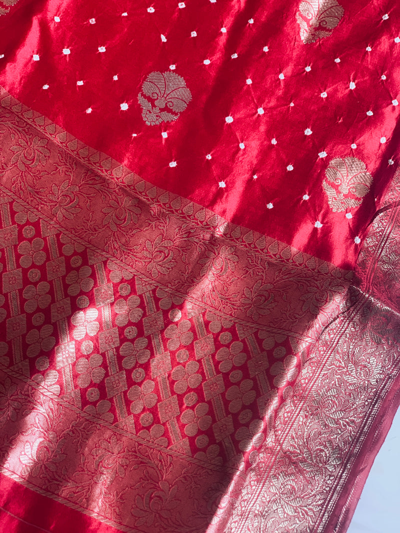 Red Floral Banarasi Bandhej Silk Dupatta