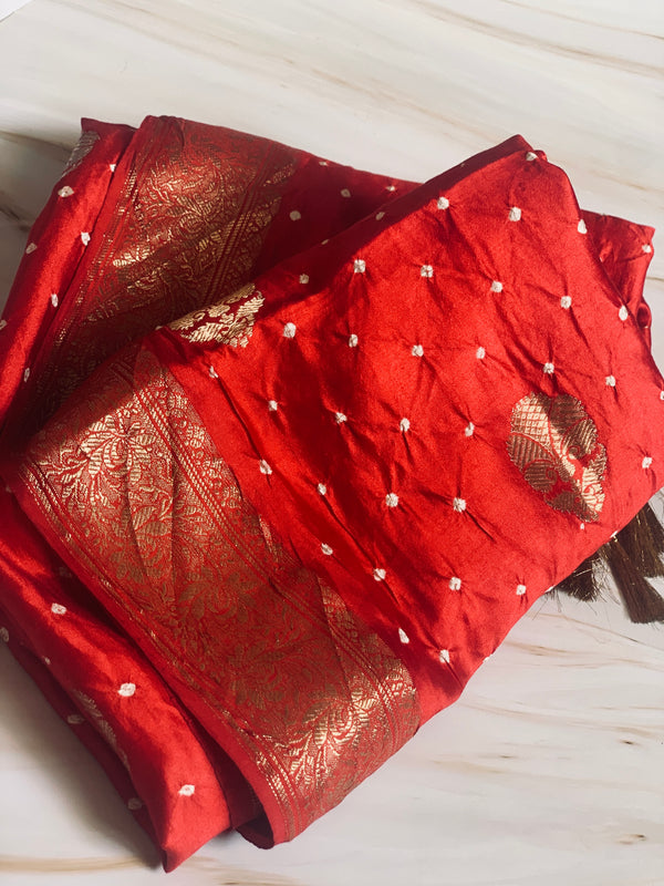 Red Floral Banarasi Bandhej Silk Dupatta