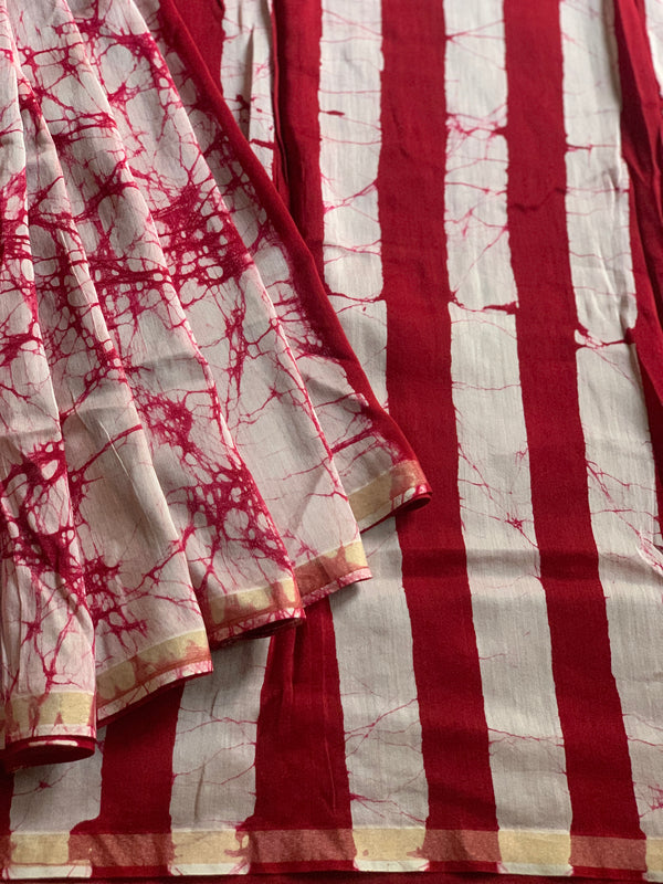 Red Stripes hand blockprinted saree