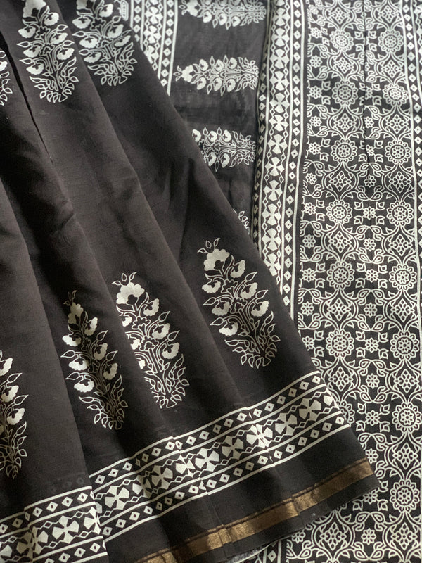 Black blockprinted saree