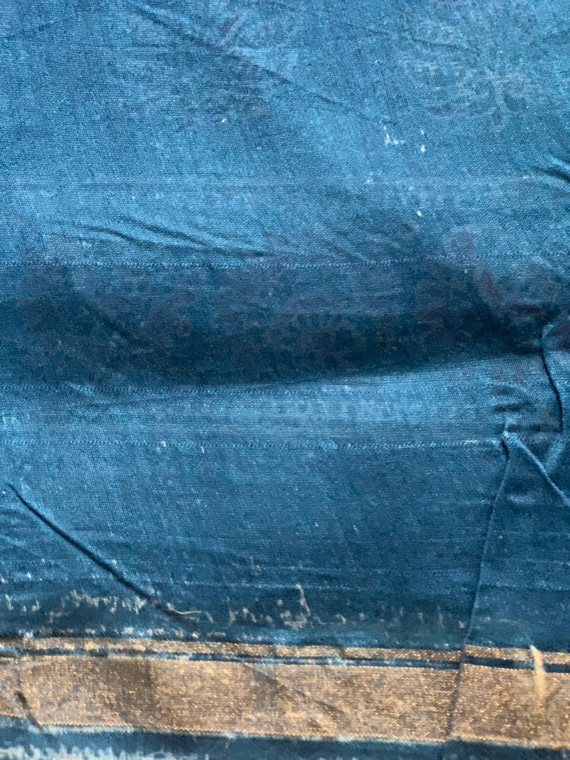 Teal feathers blockprinted saree