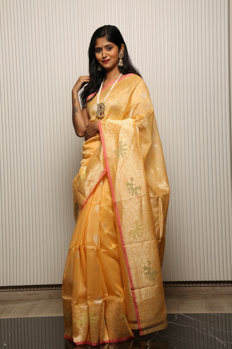 Chowdhrain Mango yellow linen by silk saree