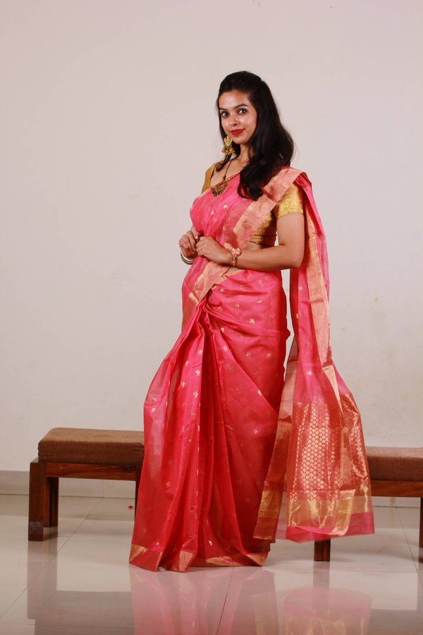 Pink Sparkle Chanderi Saree ChanderiKiChowdhrain Saree 7100.00 Chowdhrain
