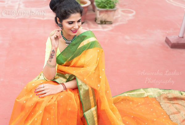 Orange Green Chanderi Silk Saree ChanderiKiChowdhrain Saree 11199.00 Chowdhrain