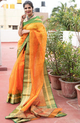 Orange Green Chanderi Silk Saree ChanderiKiChowdhrain Saree 11199.00 Chowdhrain