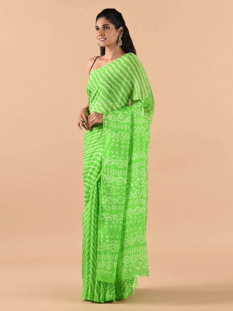 Lite Green Bandhej Leher Saree in pure georgette  by Chowdhrain