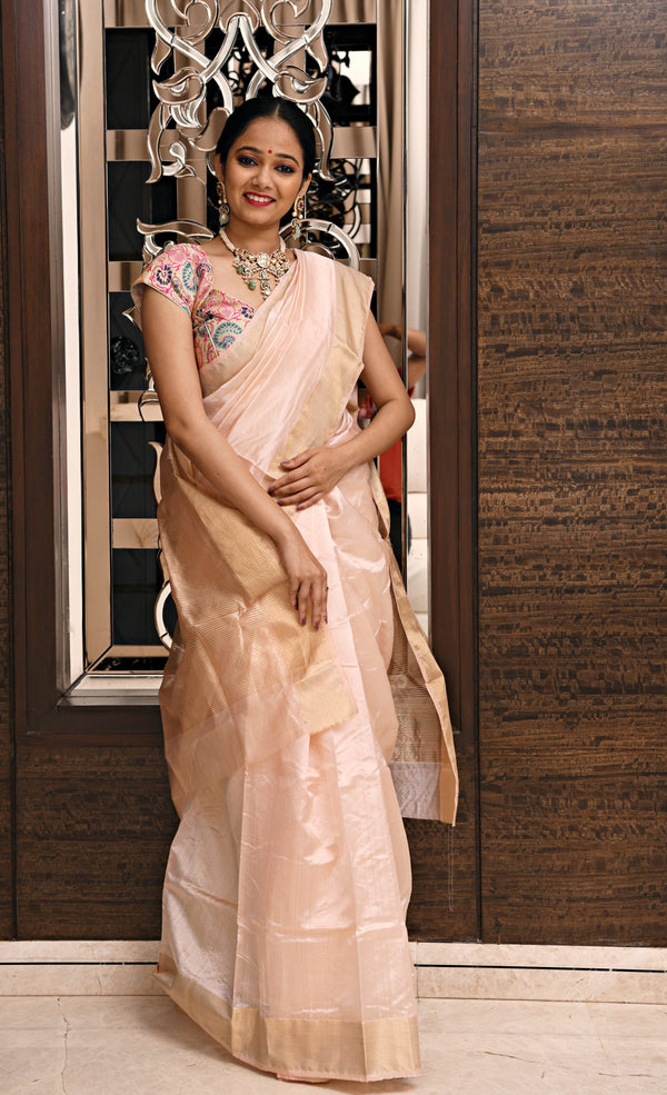 Baby Pink - Handwoven chanderi silk saree by Chowdhrain