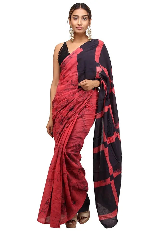 Pink blue mul cotton Batik Saree