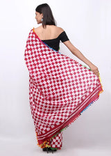 Red checkered mul cotton Batik Saree