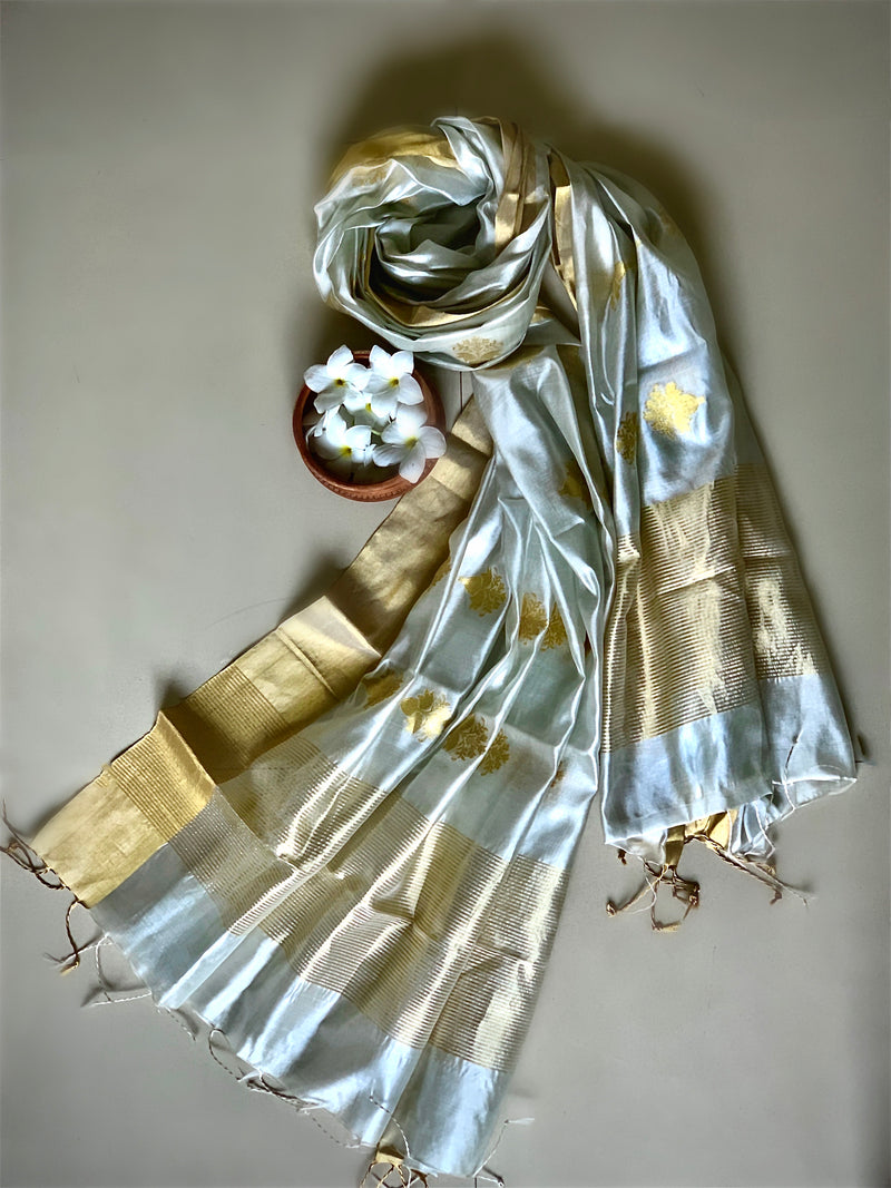 Color truly inspired from nature, this duppatta is as grey as the dark clouds are right before it pours. constructed in handwoven pure pattu silk from the looms of chanderi. shop now at chowdhrain.com