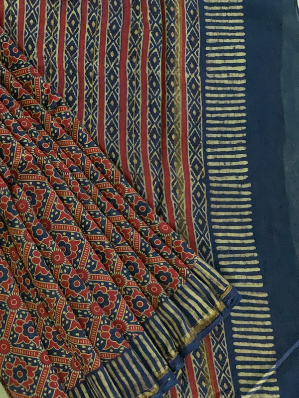 Red and blue blockprinted chanderi Saree Chowdhrain Saree 3250.00 Chowdhrain