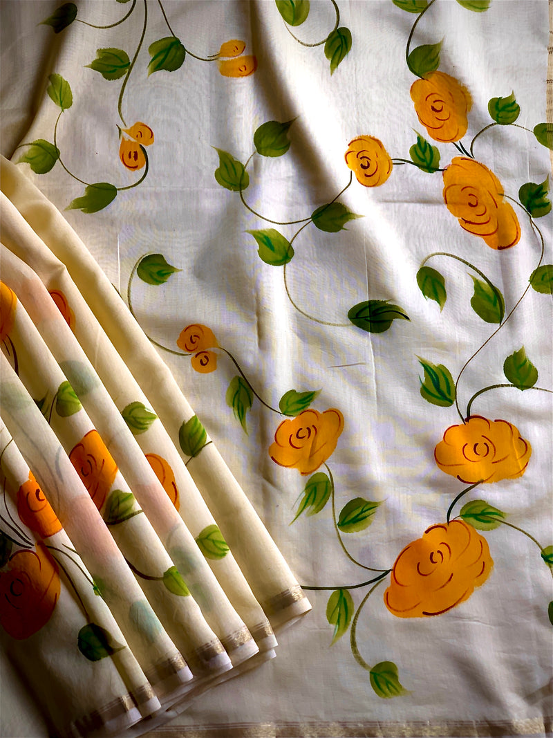 Yellow on yellow Handpainted Chanderi Saree Chowdhrain Saree 3400.00 Chowdhrain