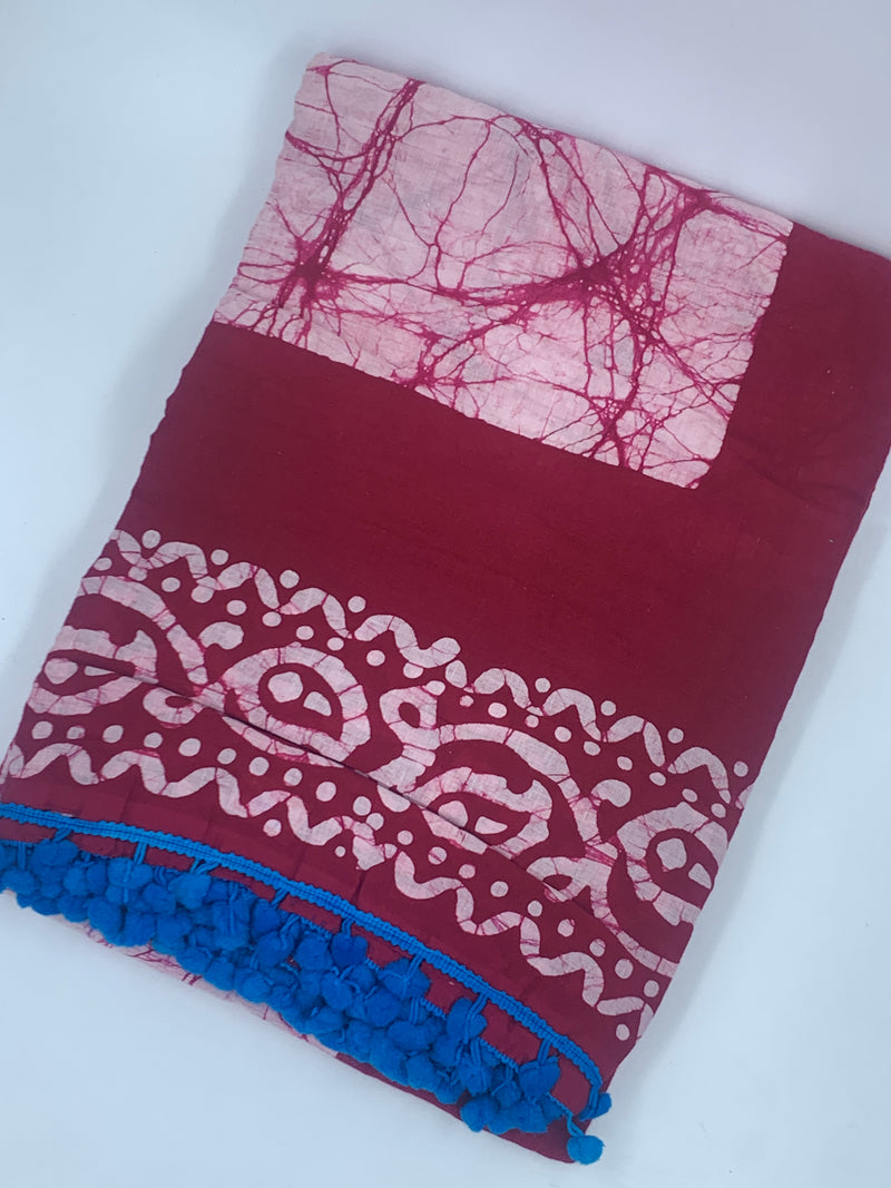 Red Batik mul cotton saree