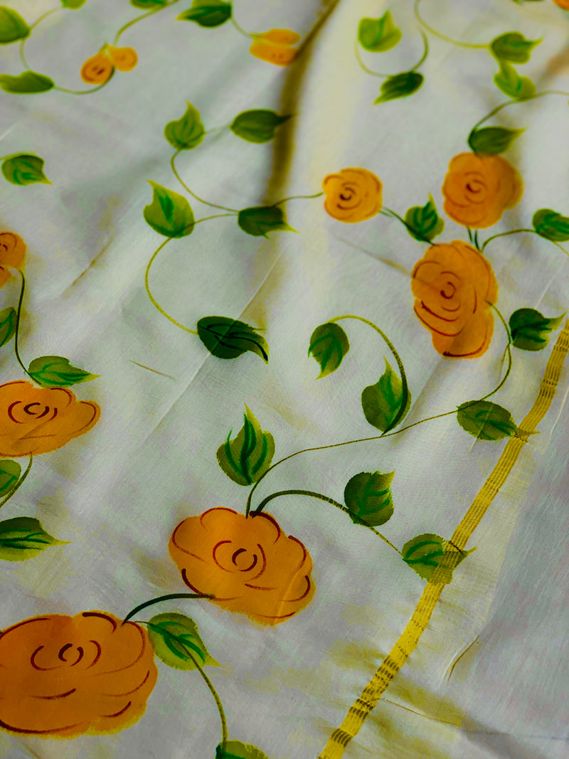 Yellow on yellow Handpainted Chanderi Saree Chowdhrain Saree 3400.00 Chowdhrain