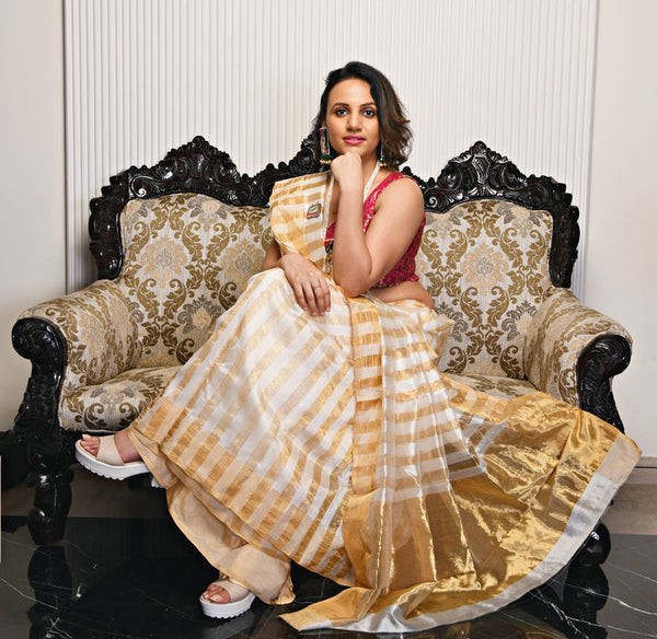 WHITE & GOLD handloom chanderi silk saree